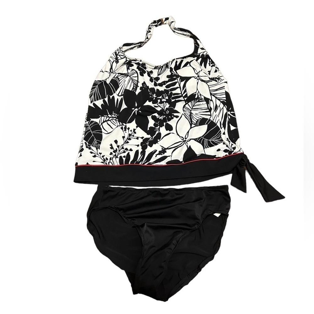 Caribbean Joe Two Piece Halter Tankini Swimsuit Black/White Floral Size 16